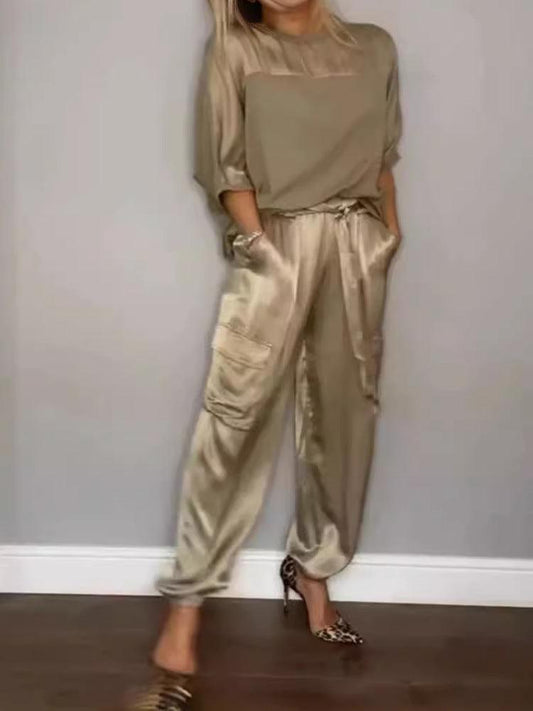 Ensemble haut et pantalon à manches mi-longues en satin lisse | Jia