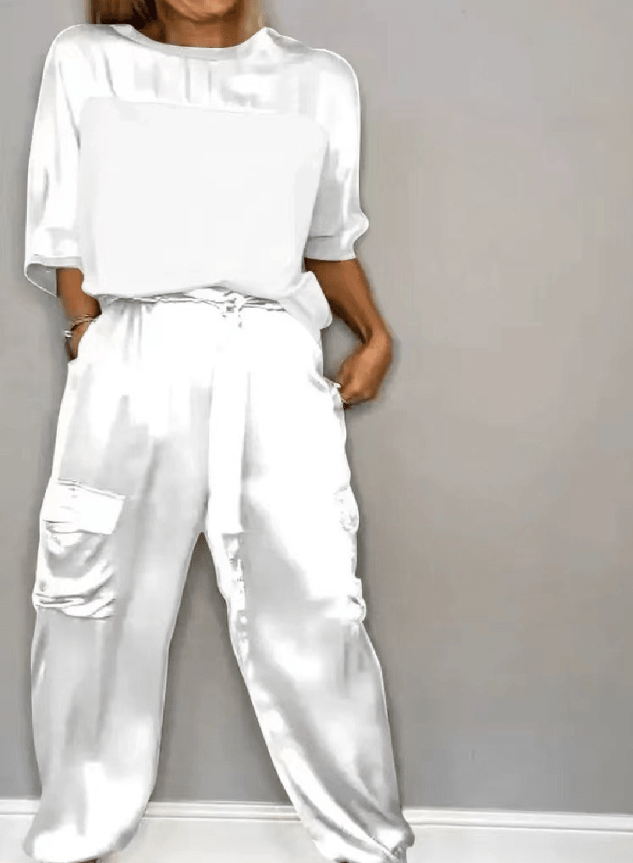 Ensemble haut et pantalon à manches mi-longues en satin lisse | Jia